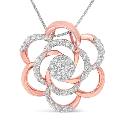 10K Rose Gold Plated Flower Accent Pendant Necklace with 1/2 cttw Round Cut Diamond (H-I, I1-I2)