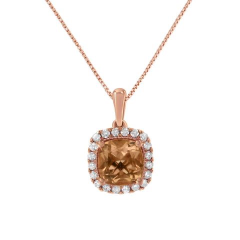 10K Rose Gold 1/4ct Diamond and 8MM Peach Morganite Gemstone Square Pendant (H-I, I1-I2)