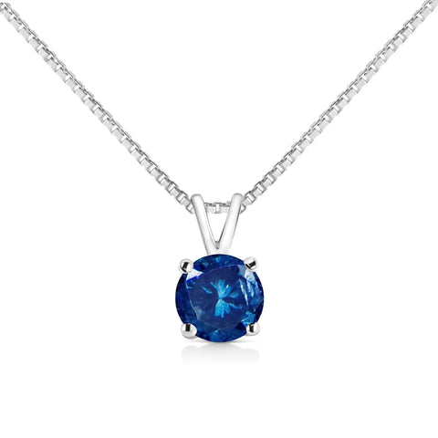 10K White Gold Round Brilliant Cut Lab Grown Blue Diamond 4-Prong Solitaire Pendant Necklace (Blue Color, VS2-SI1 Clarity) - 18