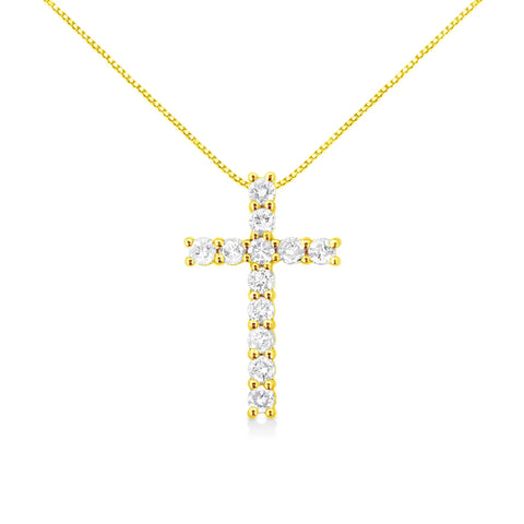 10K Yellow Gold 1.0 Cttw Shared Prong Set Round Brilliant Cut Diamond Cross 18