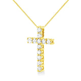 10K Yellow Gold 1.0 Cttw Shared Prong Set Round Brilliant Cut Diamond Cross 18" Pendant Necklace (J-K Color, I2-I3 Clarity)