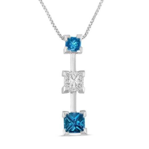 14K White Gold 7/8 cttw Treated Blue and White Princess Cut Diamond Pendant Necklace (H-I, SI2-I1)