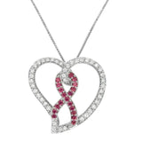 14K White Gold 3/4 Cttw White Diamond Awareness Ribbon & Open Heart 18" Pendant Necklace (H-I Color, I1-I2 Clarity) - 3/8 Cttw Created Pink Sapphire Ribbon