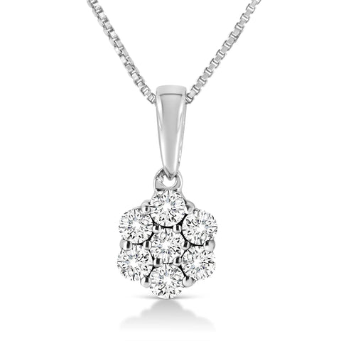 14K White Gold 1/4 Cttw Lab Grown Round Diamond Floral Cluster Pendant 18