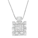 14 Karat White Gold 3/4 CTTW Baguette and Princess Cut Diamond Square Halo Pendant Necklace