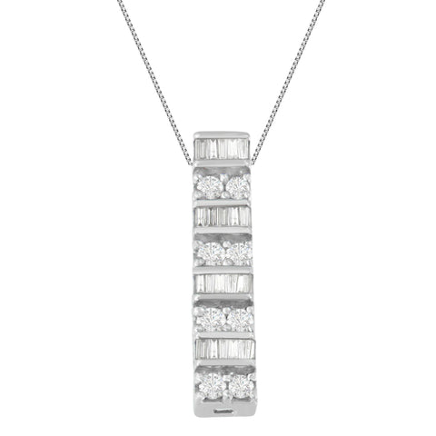 14 Karat White Gold 5/8ct. Total Diamond Weight Round and Baguette-cut Diamond Pendant Necklace