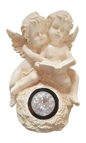 Solar Powered Figurine With Two Angels READING (LIGHTS UP)