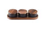 Black Ceramic Condiment Set on Acacia Wood Base