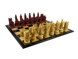 Chess Set - Resin - 5" Stained Red & Ivory Elizabethan Chess Pieces on Black & Birdseye Maple Veneer Chess Board