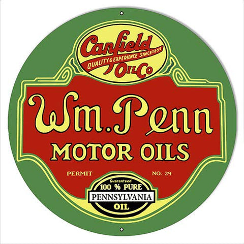 W.M Penn Gasoline Reproduction Motor Oil Metal Sign 24×24 Round