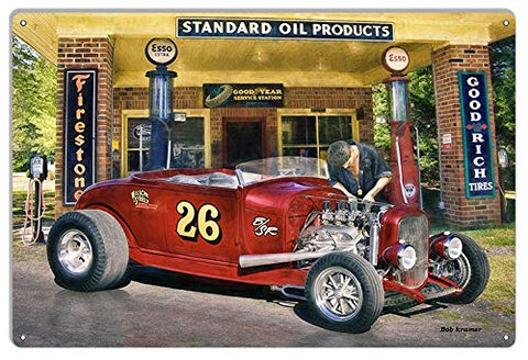 Vintage Hot Rod Standard Oil Service Station Metal Sign By Artist Bob Kramer 12×18