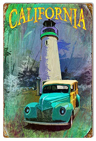 California Light House And Old Woody Sign 12x18 By Artist Phil Hamilto