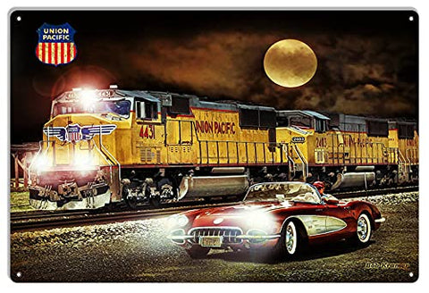 Union Pacific Railway Metal Sign Classic Corvette By Artist Bob Kramer 12×18