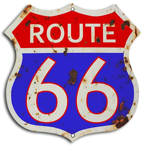 (3) Route 66 Vintage Red And Blue Cut Out Garage Shop Metal Sign 7.5×7.5