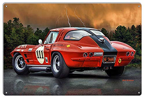 Vintage Corvette Hot Rod Sports Car Metal Sign By Artist Bob Kramer 12×18