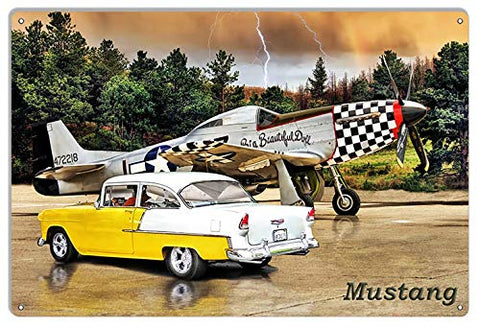 Vintage Mustang Airplane & Classic Chevy Metal Sign By Artist Bob Kramer 12×18