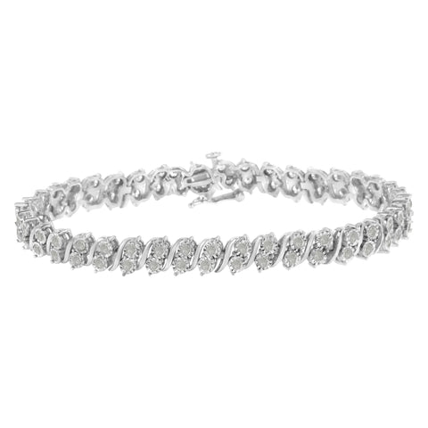 .925 Sterling Silver 2.0 Carat Total Weight Miracle-Set Diamond 2-Stone Row S Link Bracelet  -7.25