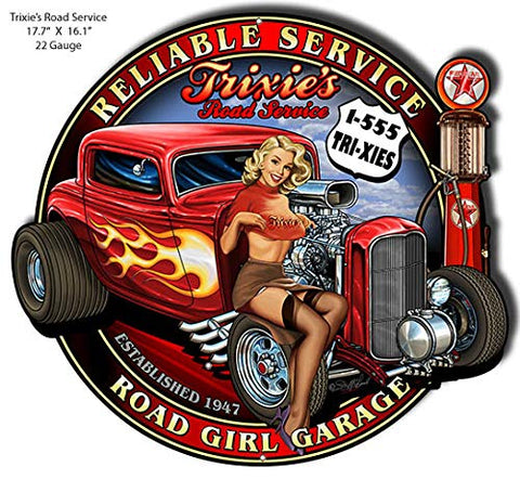 Trixies Hot Rod Pin Up Girl Metal Sign By Steve McDonald 16.1×17.7