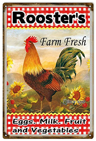 Vintage Roosters Farm Fresh Country Reproduction Sign 12x18