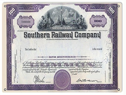 Reproduction Southern Railways Common Stock Certificate Sign 9x12