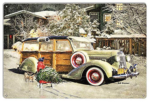 Woodie At Christmas Time Winter Metal Sign By Artist Bob Kramer 12×18