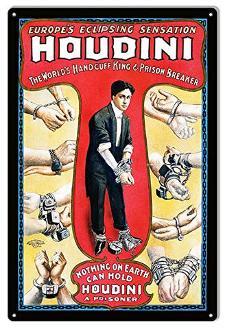 Handcuff King Houdini Wall Art Reproduction Magician Metal Sign 12x18