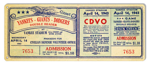 Yankee Giants Dodgers Ticket Reproduction Nostalgic Metal Sign 6×16