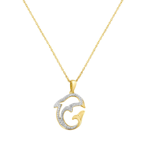 2 Micron 10K Yellow Gold Plated Sterling Silver 1/25carat Total Diamond Weight Diamond Dolphin Pendant Necklace