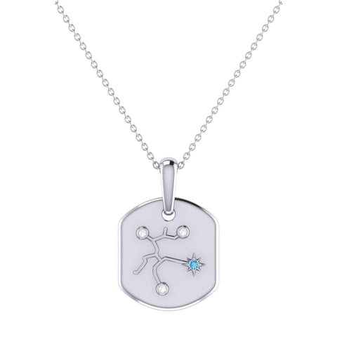 Sagittarius Archer Blue Topaz & Diamond Constellation Tag Pendant Necklace in Sterling Silver