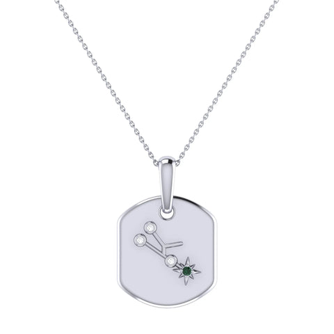 Taurus Bull Emerald & Diamond Constellation Tag Pendant Necklace in Sterling Silver