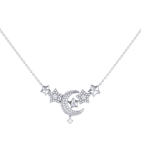 Star Cluster Moon Crescent Diamond Necklace in Sterling Silver