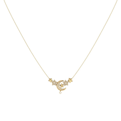 Star Cluster Moon Crescent Diamond Necklace in 14K Yellow Gold Vermeil on Sterling Silver