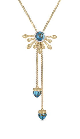 Golden Rays Turquoise Half Sun Diamond Lariat Necklace in 14K Yellow Gold Plated Sterling Silver