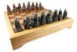 Chess Set - Metal Isle of Lewis Metal Chess Pieces on Inlaid Beechwood Chest