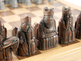 Chess Set - Metal Isle of Lewis Metal Chess Pieces on Inlaid Beechwood Chest