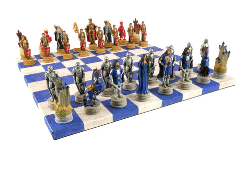 Chess Set - King Arthur Resin Chessmen on Blue & Cream Faux Leatherette Chess Board