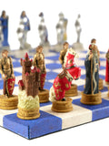 Chess Set - King Arthur Resin Chessmen on Blue & Cream Faux Leatherette Chess Board