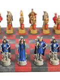 Chess Set - King Arthur Resin Chessmen on Red & Dusky Black Faux Leatherette Chess Board