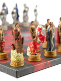 Chess Set - King Arthur Resin Chessmen on Red & Dusky Black Faux Leatherette Chess Board