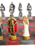 Chess Set - King Arthur Resin Chessmen on Red & Dusky Black Faux Leatherette Chess Board