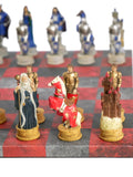 Chess Set - King Arthur Resin Chessmen on Red & Dusky Black Faux Leatherette Chess Board