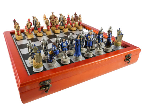 Chess Set - King Arthur Resin Chessmen on Cherry Chest