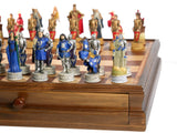 Chess Set - King Arthur Painted Resin on 15" Walnut/Maple Chest