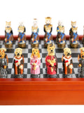 Chess Set - Cats & Dogs Resin Men on Cherry Stained Chest