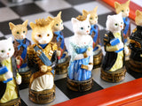 Chess Set - Cats & Dogs Resin Men on Cherry Stained Chest