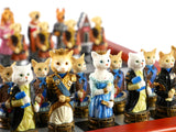 Chess Set - Cats & Dogs Resin Men on Cherry Stained Chest