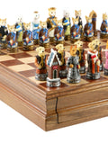 Chess Set - Cats & Dogs Resin Chessmen on Walnut Maple Chest