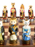 Chess Set - Cats & Dogs Resin Chessmen on Walnut Maple Chest