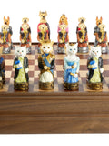 Chess Set - Cats & Dogs Resin Chessmen on Walnut Maple Chest