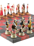 Chess Set - Painted Resin American Revolution Pieces on Red & Dusky Black Faux Leatherette Chess Board